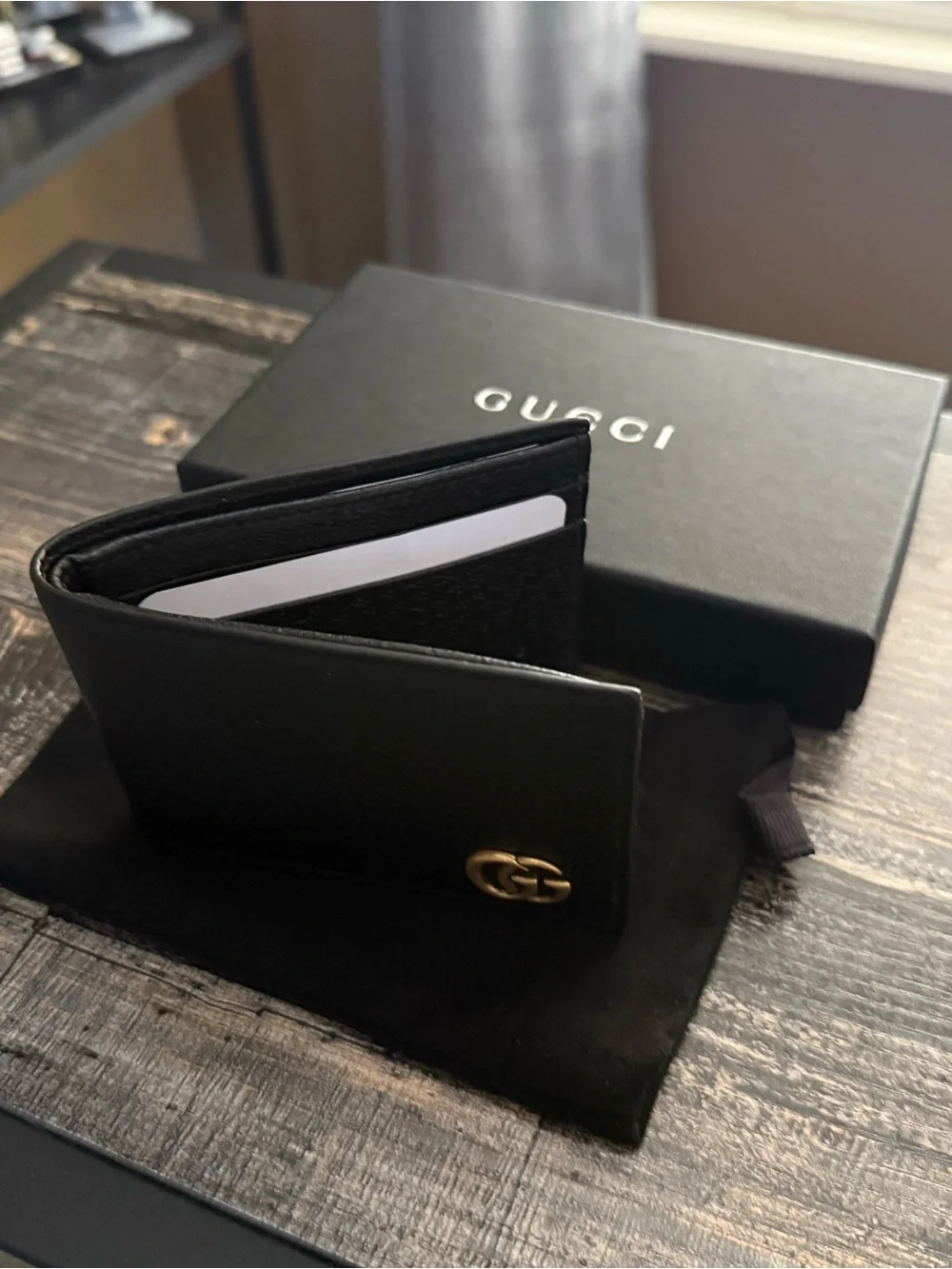 Gucci Black Leather Card Holder with Gold Double G